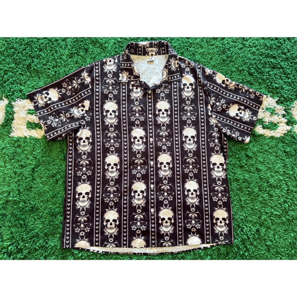 Unbranded Skull Heart‎ Stripe Shirt Mens XXL Black Excellent Gothic Camp Collar